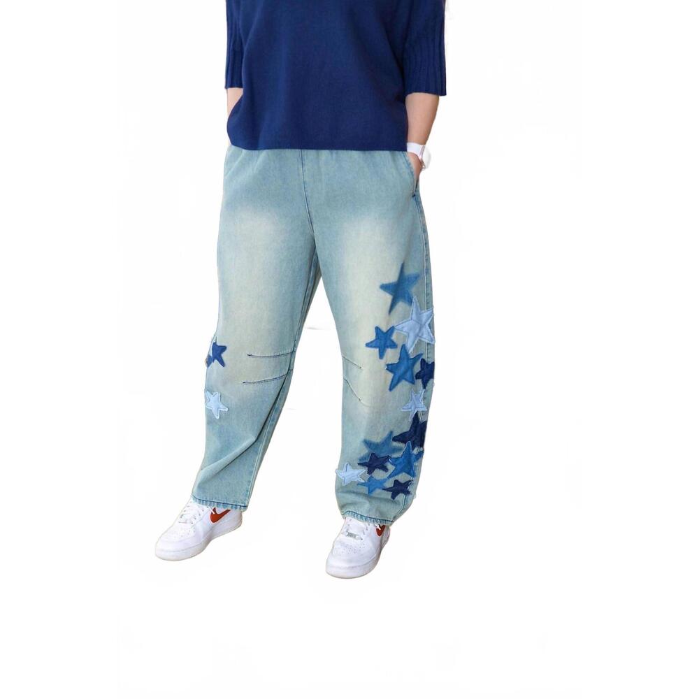 NEW EASEL starstruck patchwork barrel jeans in blue - Picture 4 of 6